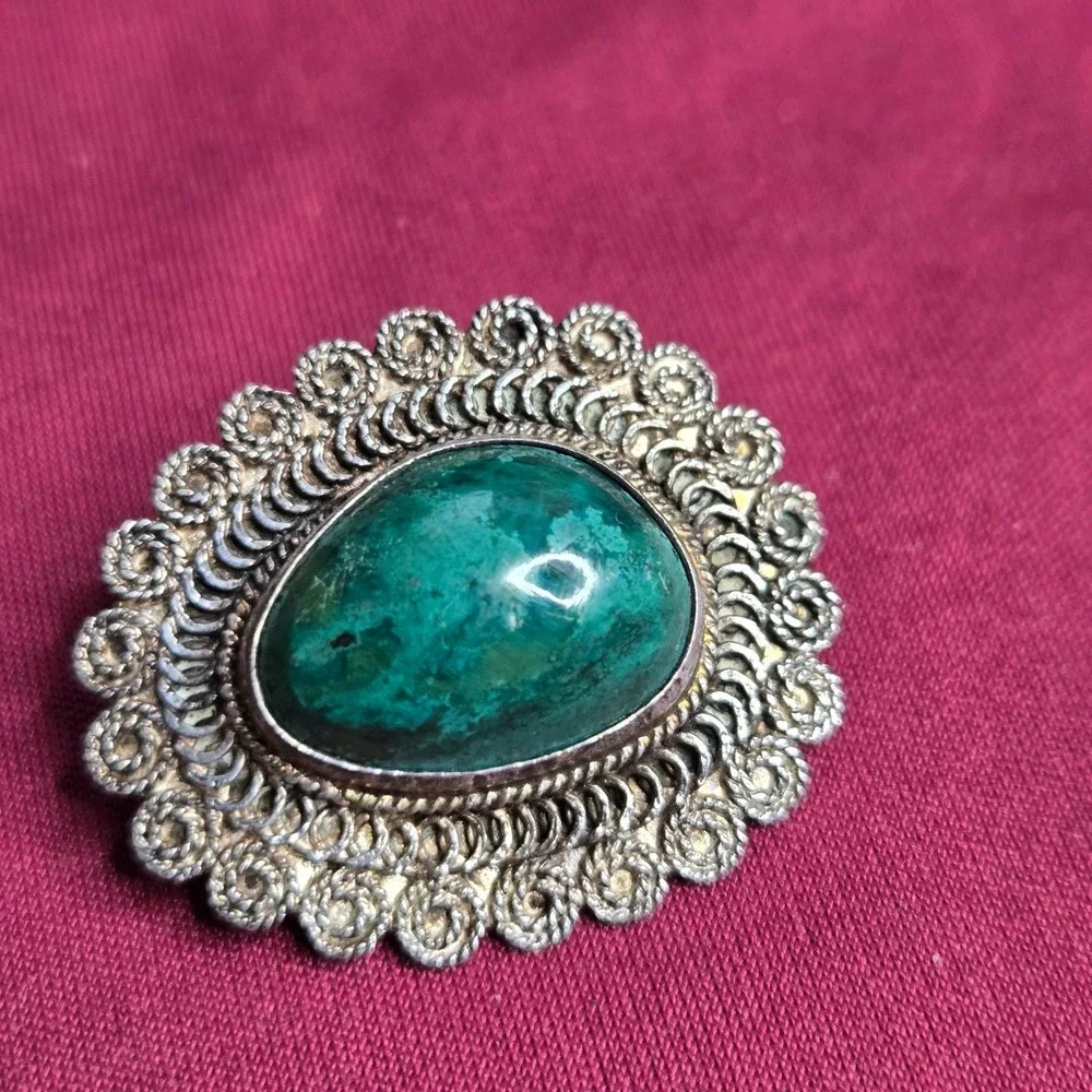 Vintage 925 Sterling Silver Filigree Malachite Cabochon Brooch Pin & Pendant 5G
